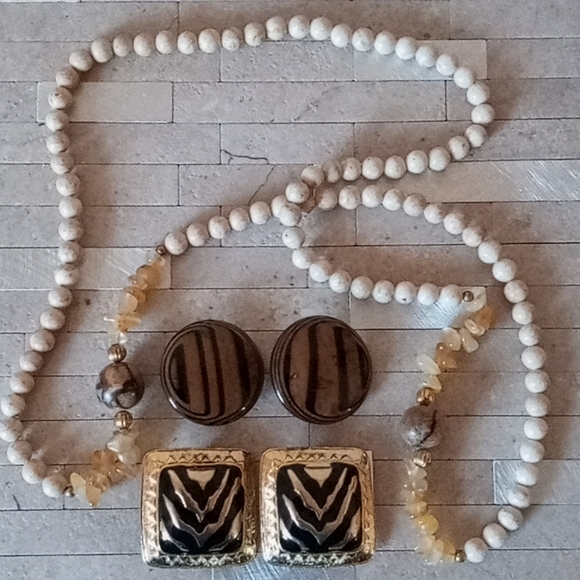 Jewelry - Two Pair of clip on Earrings and Stone Necklace